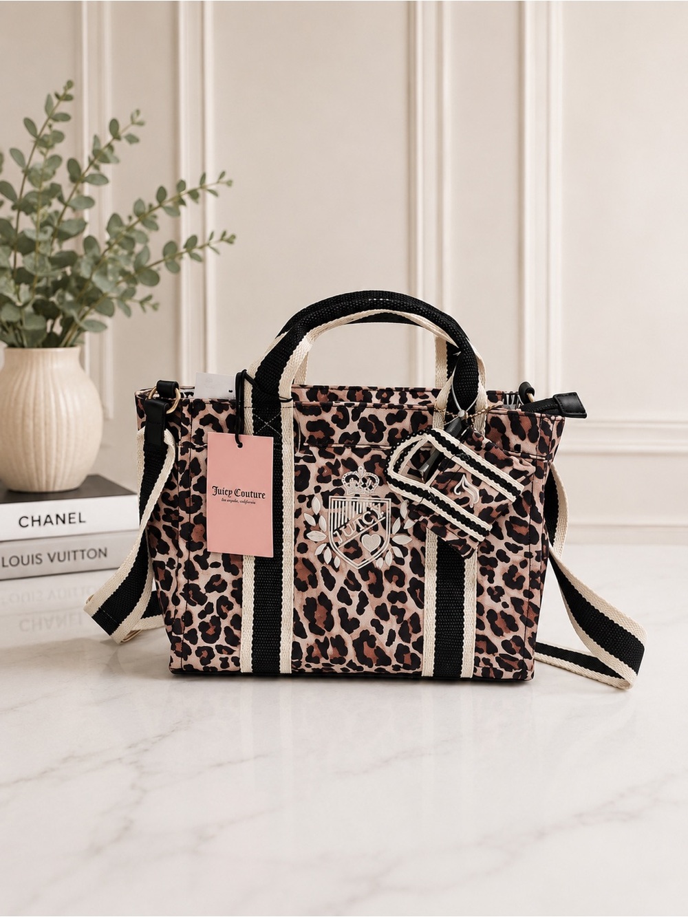 Juicy Couture Leopard Print Canvas Tote with Black & Cream Straps